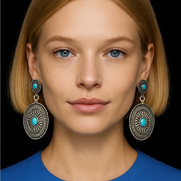 Cow Girl Turquoise Stone Silver Drop Earrings - Picture 1 of 14